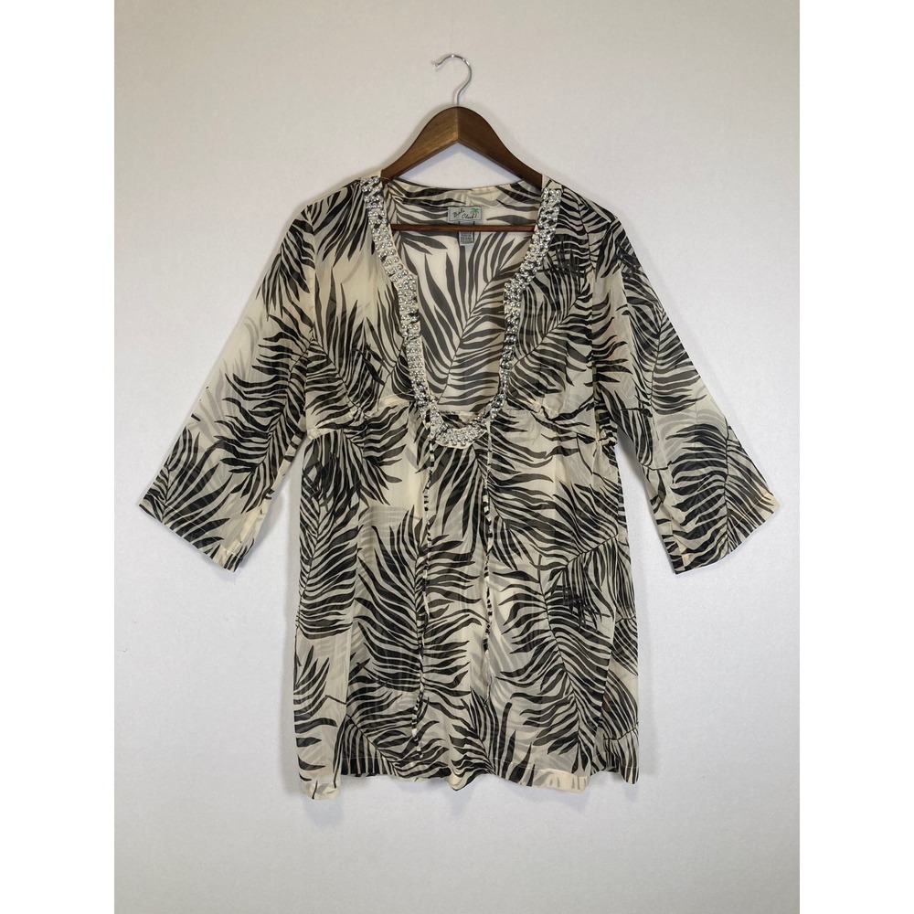 Tropical‎ Boho Bali Club Womens Medium Cream Black Palm Beaded V-Neck Tunic Top